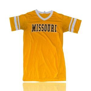Vintage Missouri Tigers Men's Ringer T-Shirt Yellow Striped V-Neck: 80’s NCAA